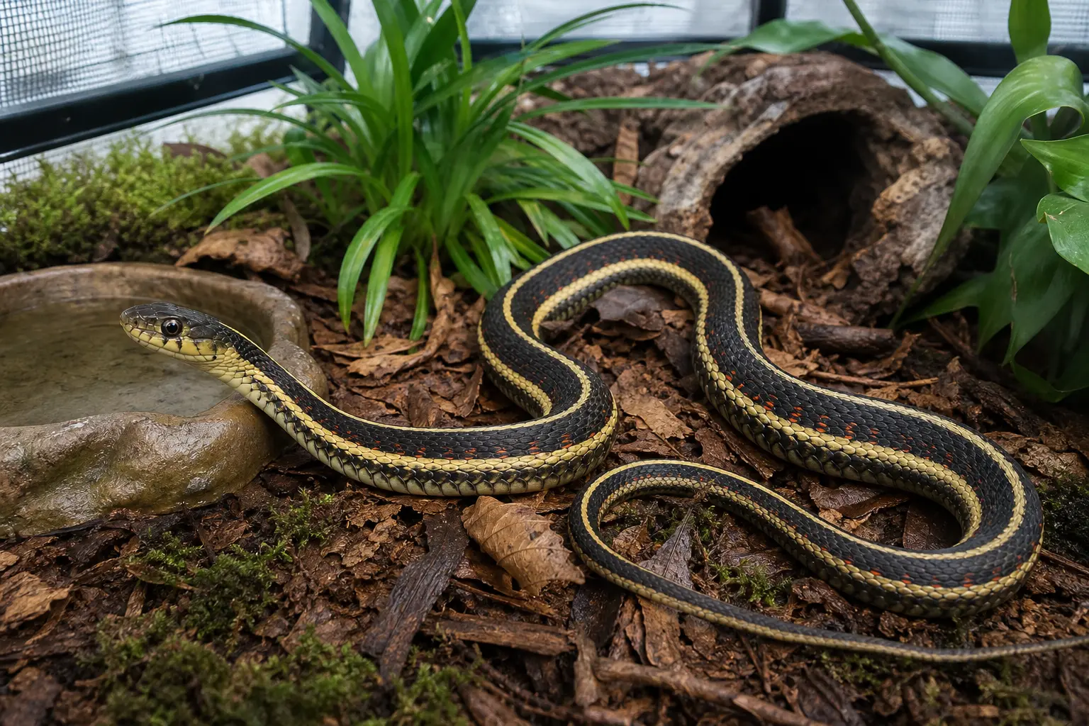 Adult common garter snake with yellow stripes, red side marks, and a clear eye beside species-appropriate moisture, dry footing, clean water, ventilation, and a blank hygrometer.