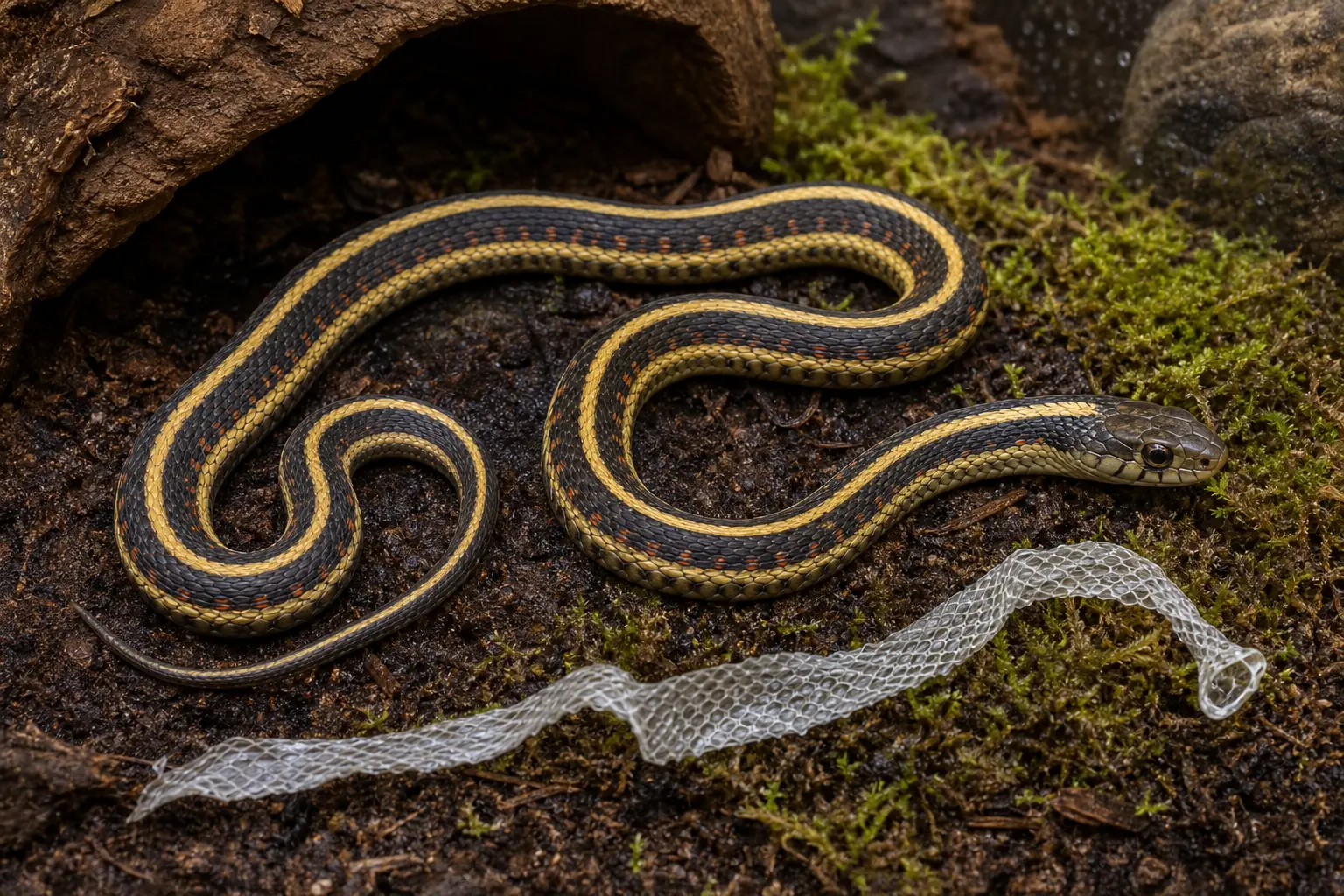 Adult common garter snake with yellow stripes, red side marks, and a clear eye during a calm post-shed visual check without pulling skin or shell material.