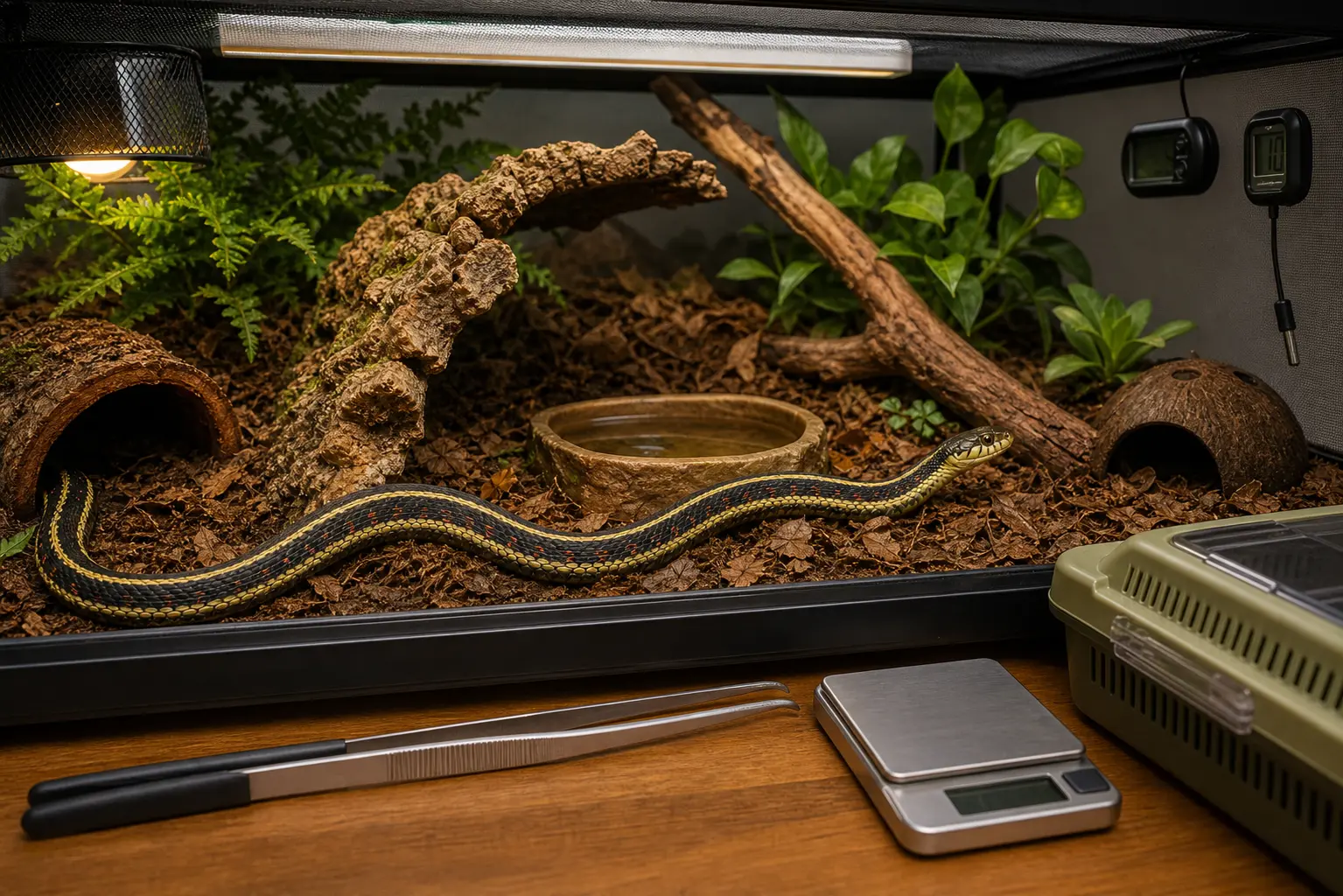 Adult common garter snake with yellow stripes, red side marks, and a clear eye in a finished habitat beside organized climate controls, lighting, care tools, a scale, and a carrier.