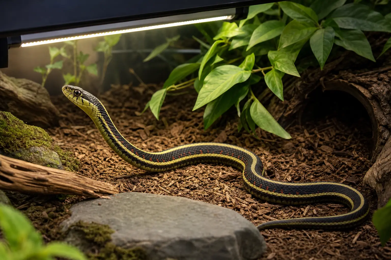 Adult common garter snake with yellow stripes, red side marks, and a clear eye using a measured UVB-and-shade gradient with a clear route into complete cover.