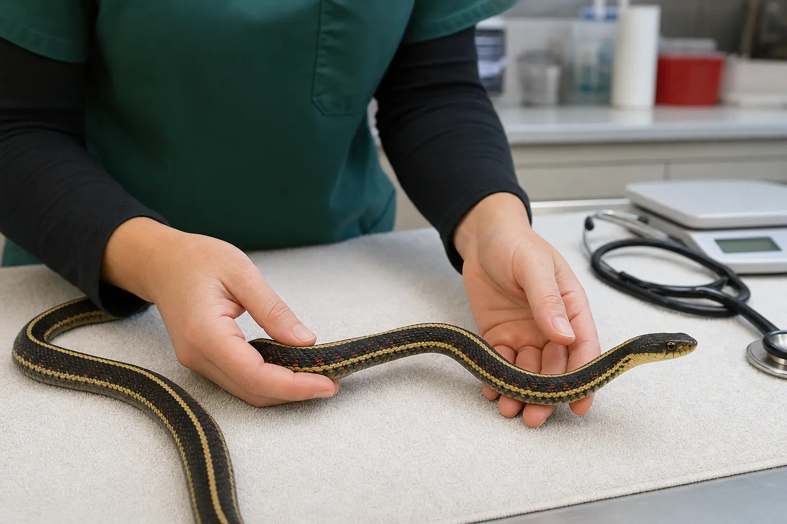 Adult common garter snake with yellow stripes, red side marks, and a clear eye receiving a calm non-invasive wellness examination from a reptile veterinarian on a clean towel.