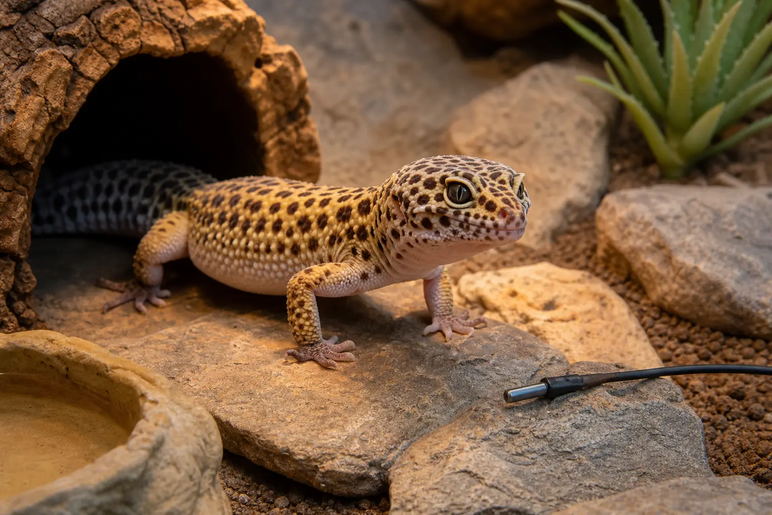 Healthy adult leopard gecko beside a warm hide and a discreet habitat probe.