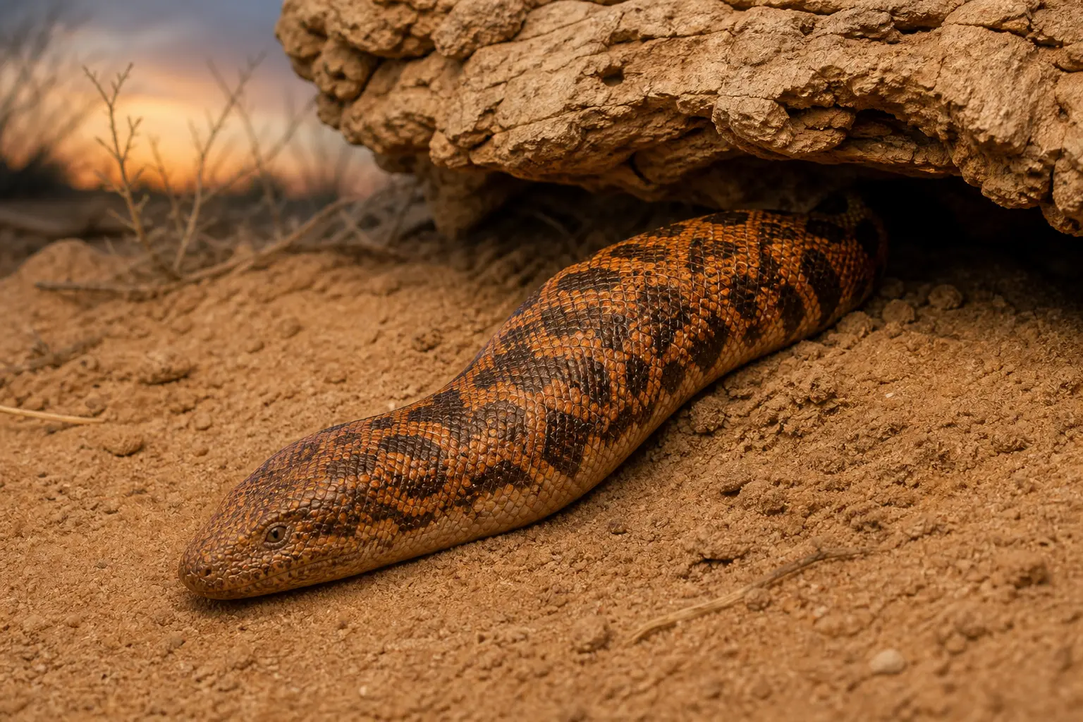Alert adult female Kenyan sand boa emerging from deep sandy soil with her short stout orange-and-brown patterned body, tiny wedge-shaped head, and smooth scales in view.