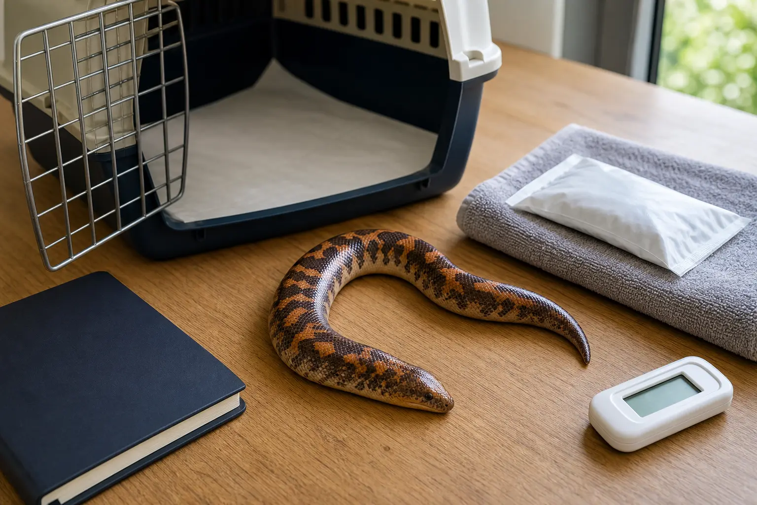 Healthy adult female Kenyan sand boa beside a latched ventilated carrier, clean liner, digital thermometer, blank care notebook, and safely buffered temperature pack.