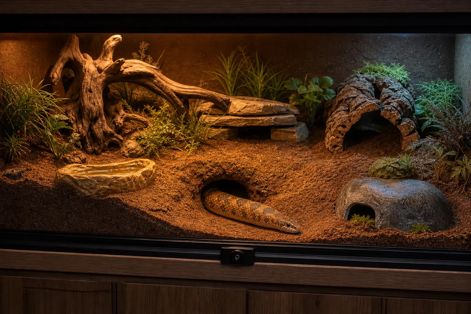 Adult female Kenyan sand boa emerging inside a secure enclosure with deep tunnel-holding substrate, anchored low cover, warm and cool retreats, a humid hide, and fresh water.