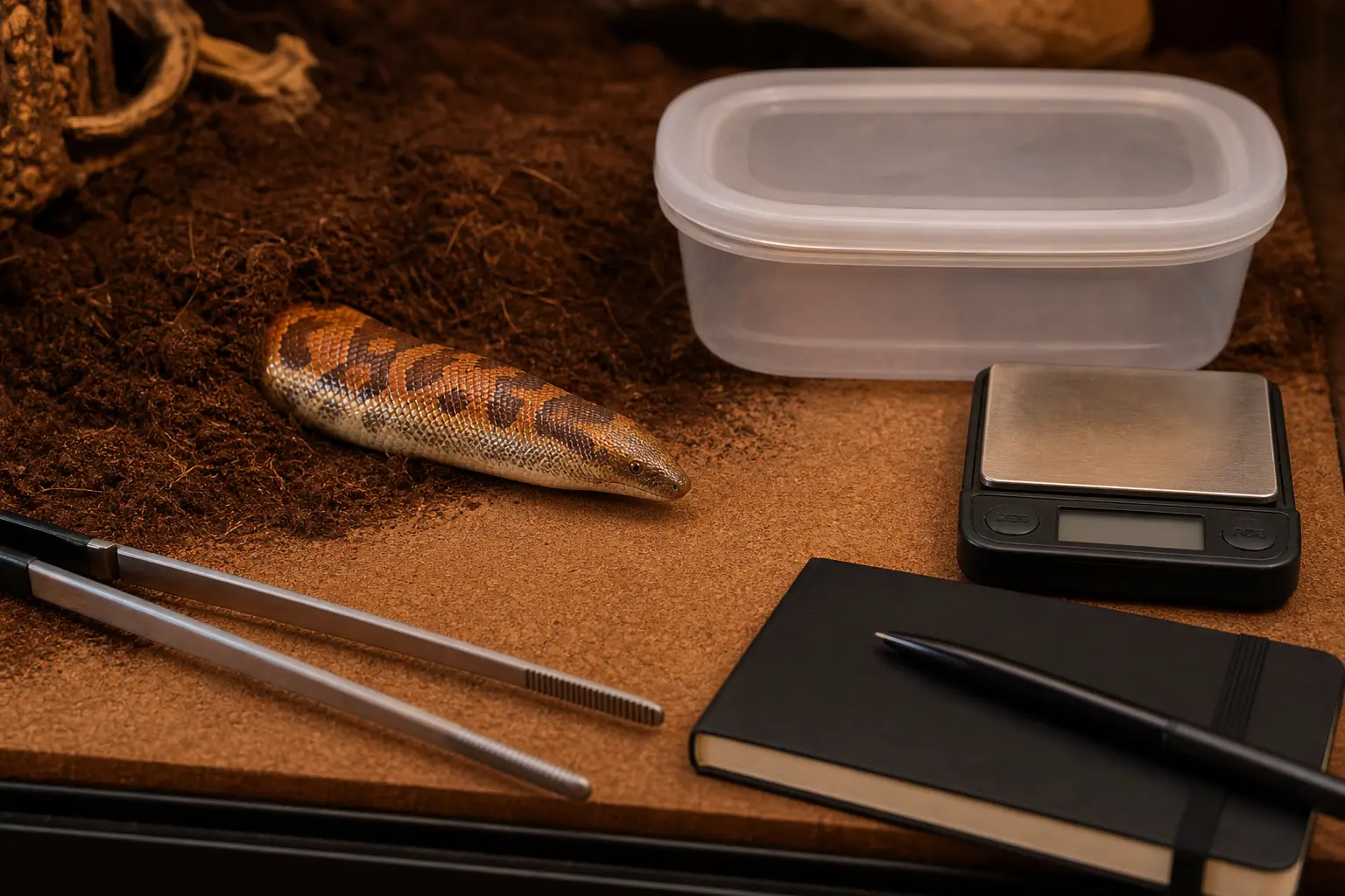 Adult female Kenyan sand boa watching from beneath low cover beside a sealed prey container, long feeding tongs, a gram scale, and a closed care notebook.