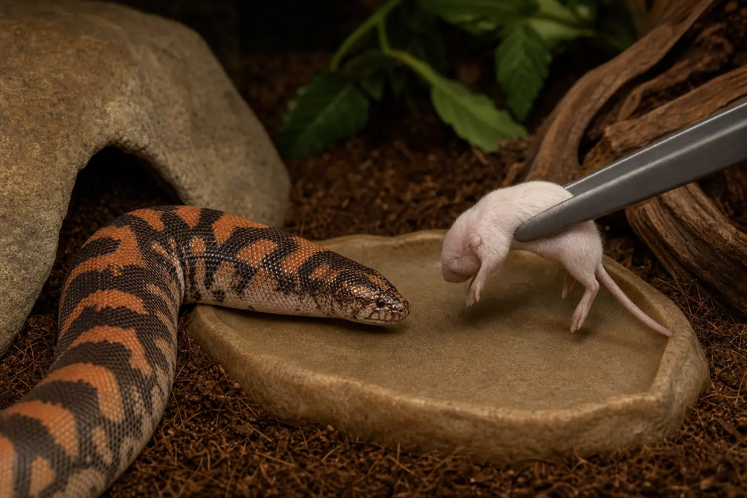 Adult female Kenyan sand boa calmly watching an appropriately sized fully thawed feeder mouse presented with long tongs over a clean feeding surface.