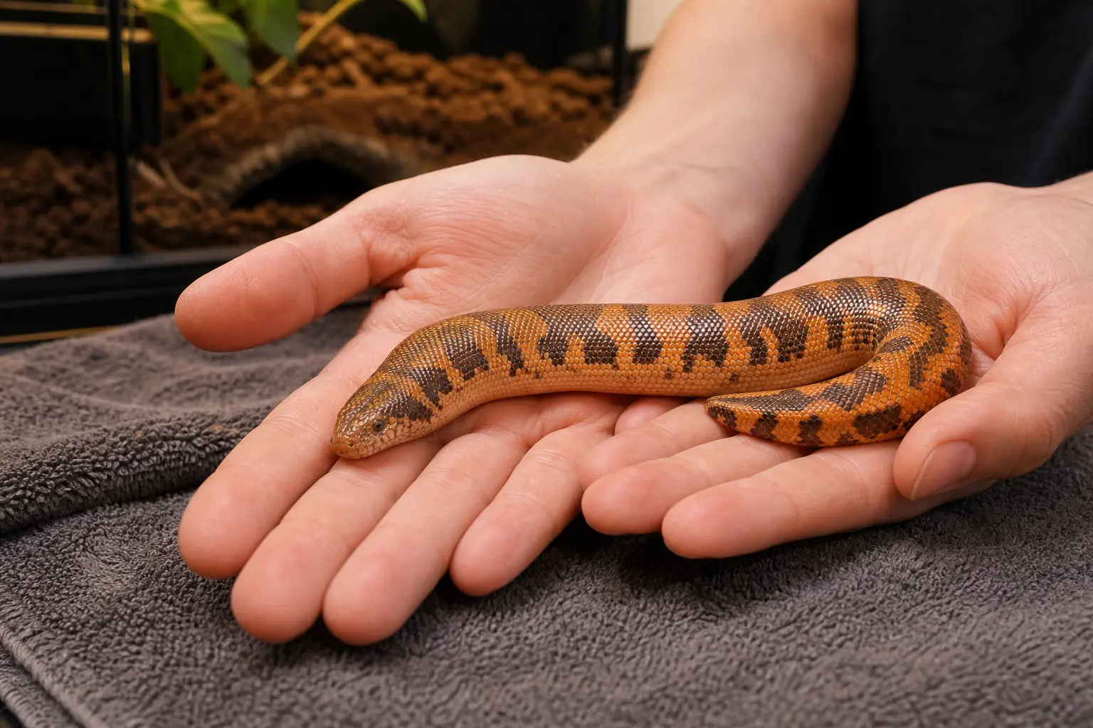Adult female Kenyan sand boa moving calmly across two open hands with her short stout body continuously supported.