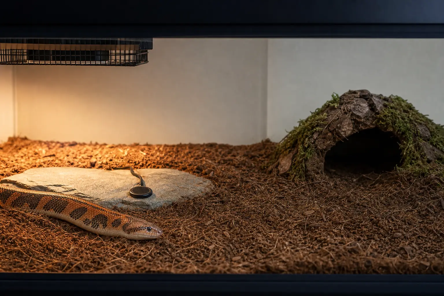 Adult female Kenyan sand boa partly surfaced near guarded overhead heat with fixed probes, a warm retreat, and a deep shaded cool burrow.