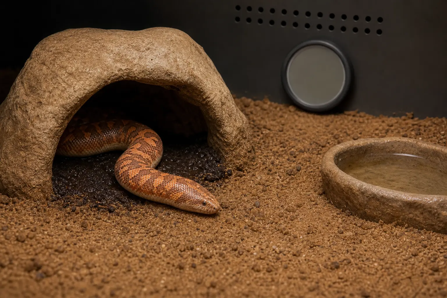 Adult female Kenyan sand boa at a cool humid-hide entrance in a mostly dry ventilated enclosure with deep substrate, fresh water, and a blank hygrometer.