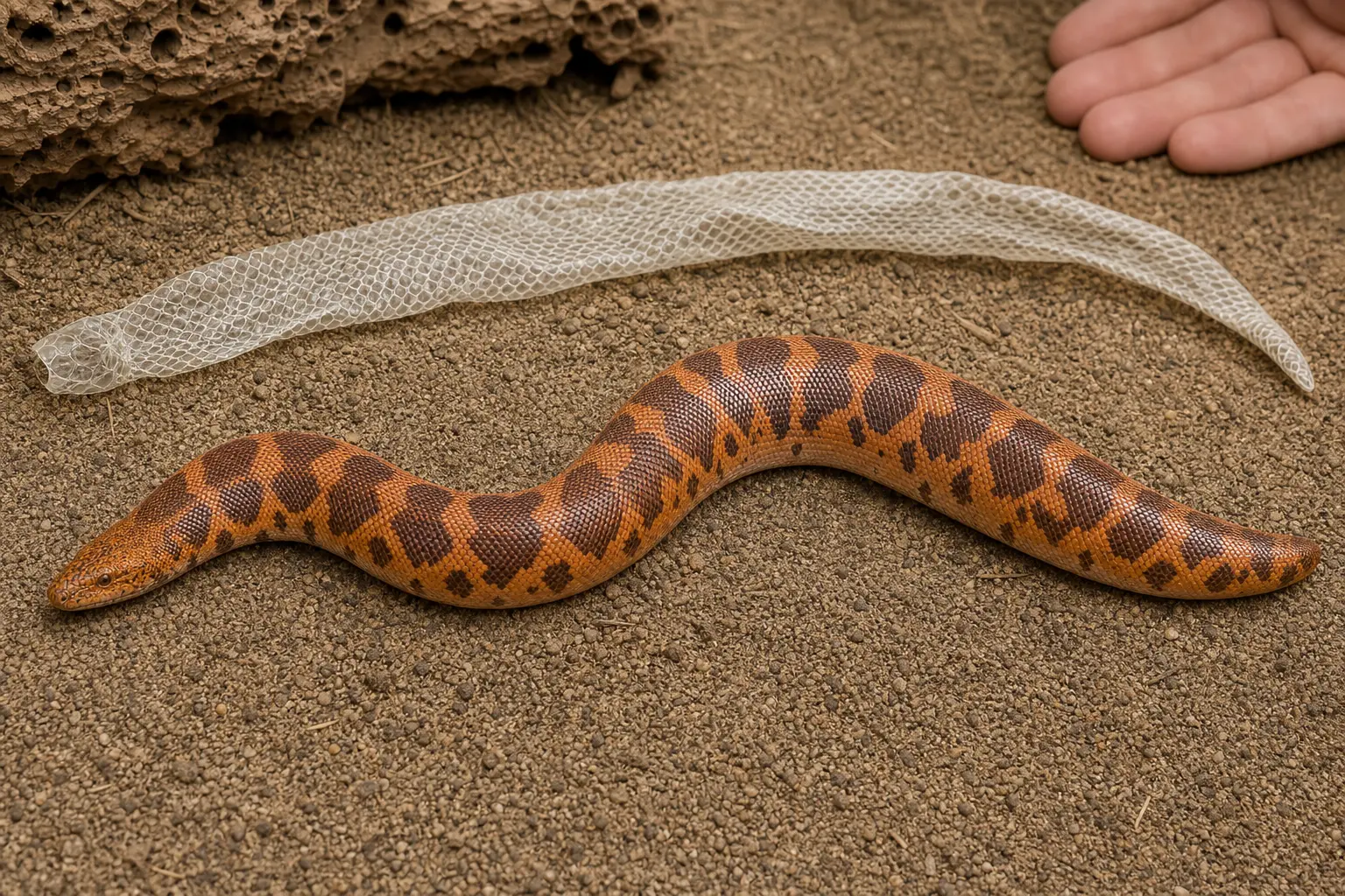 Adult female Kenyan sand boa beside a complete translucent shed while a keeper checks the empty skin for both eye caps and the tail tip.