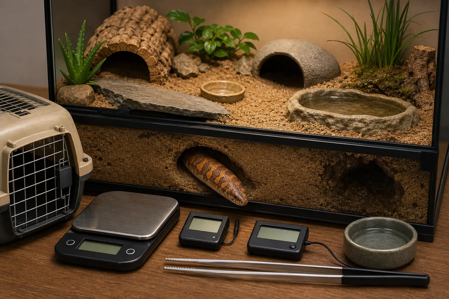 Adult female Kenyan sand boa in a finished secure burrowing habitat beside organized climate controls, low-intensity lighting, feeding tongs, a scale, and a ventilated carrier.