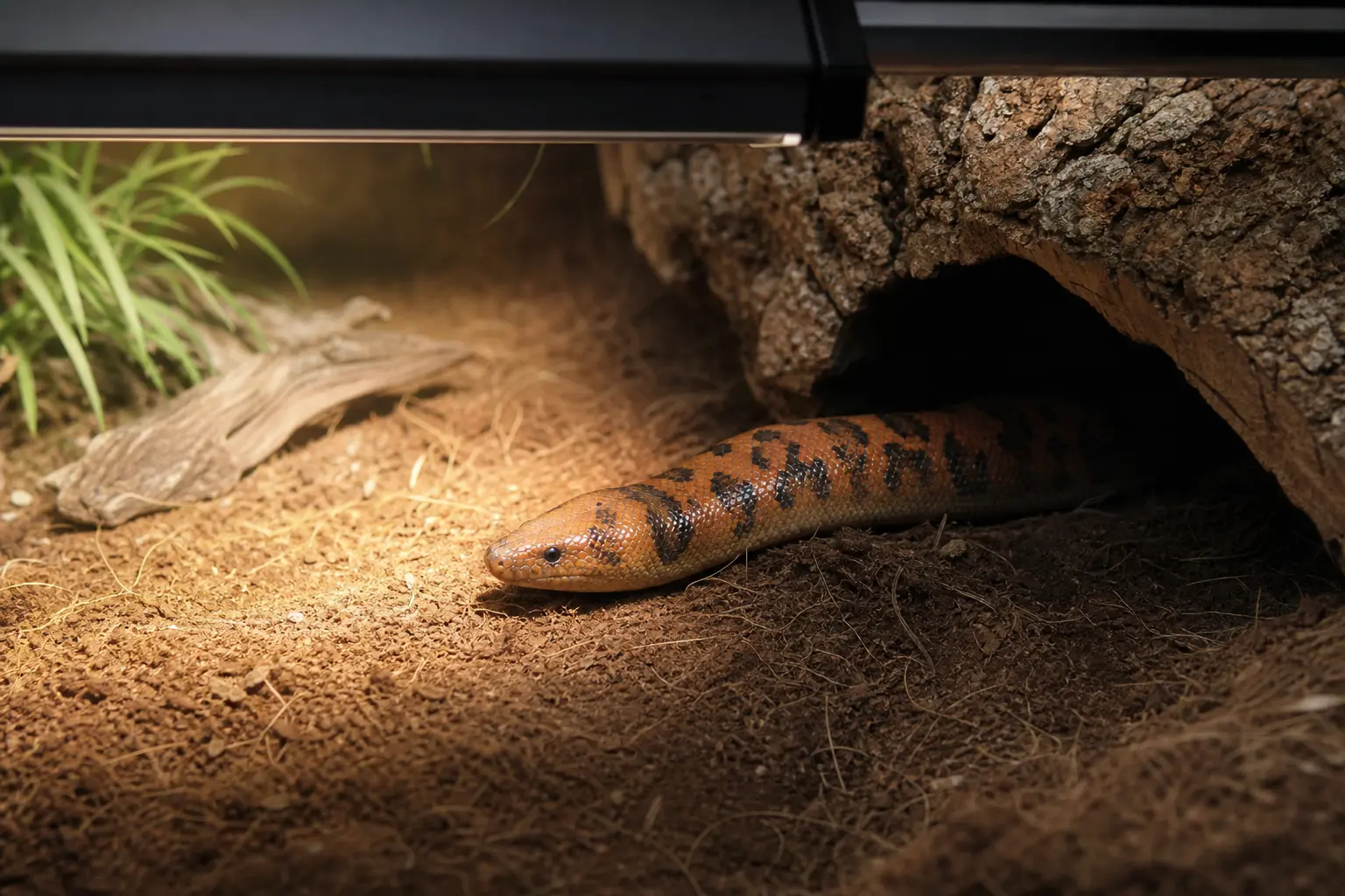 Adult female Kenyan sand boa partly surfaced beneath low-intensity linear UVB beside deep substrate and a fully shaded retreat.