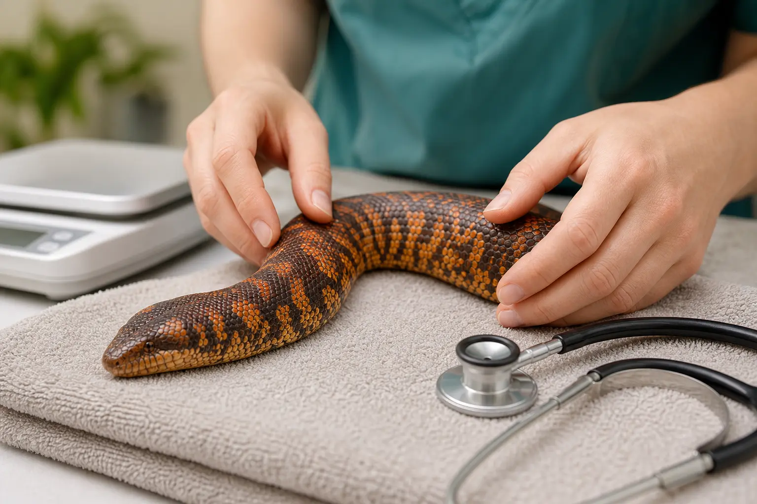 Healthy adult female Kenyan sand boa receiving a calm routine examination from a reptile veterinarian on a clean towel.