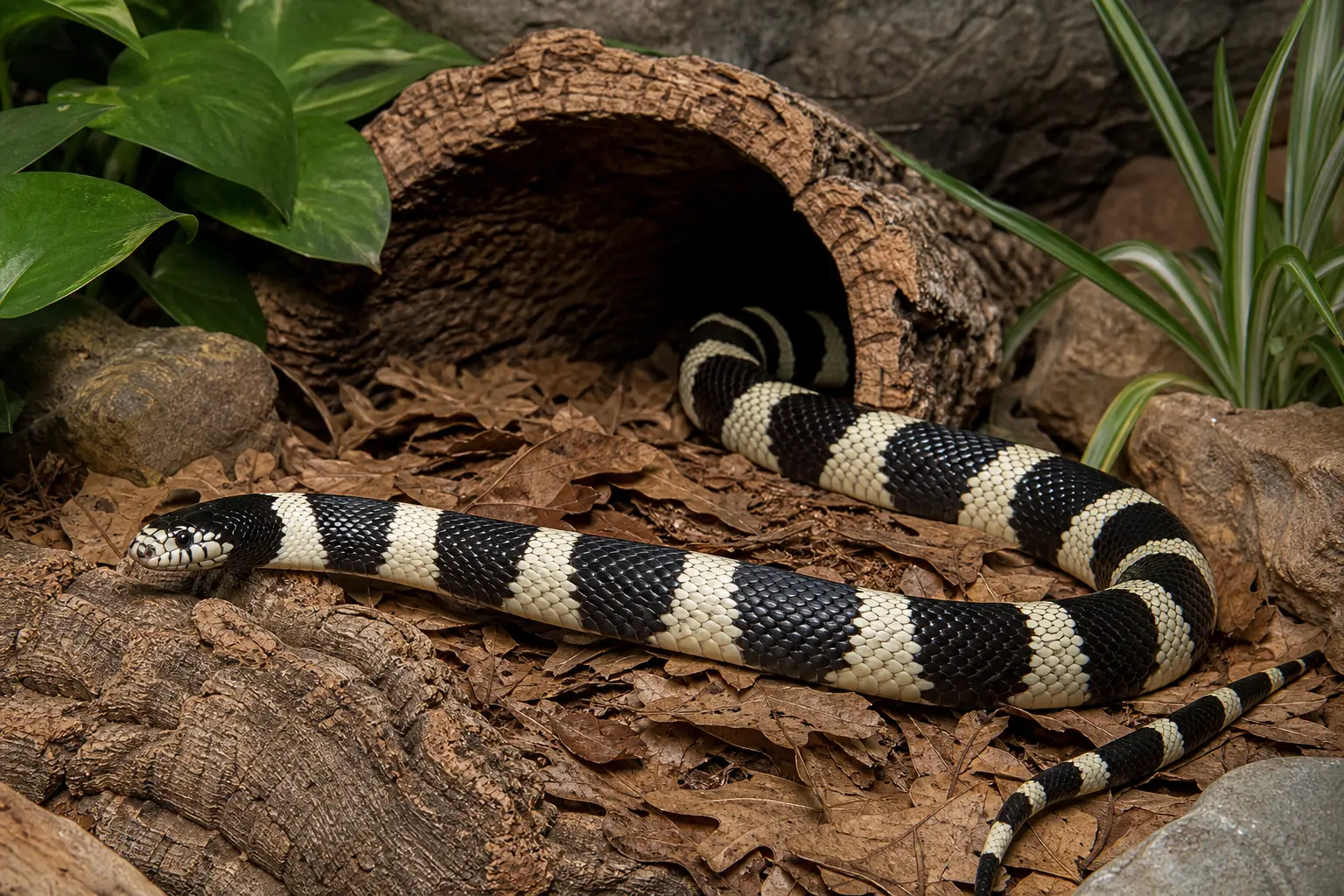 Alert adult California kingsnake exploring a secure naturalistic enclosure with its glossy black-and-cream banded body and small clear-eyed head in view.