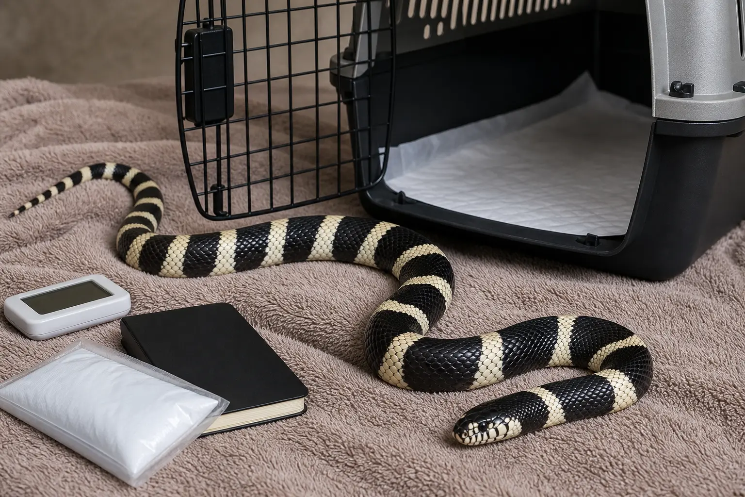 Adult California kingsnake with glossy black-and-cream bands and a clear eye beside a secure ventilated carrier, clean liner, digital thermometer, blank care notebook, and safely buffered temperature pack.