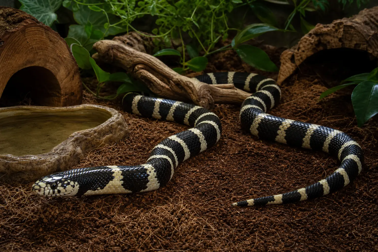Adult California kingsnake with glossy black-and-cream bands and a clear eye inside a secure adult habitat with species-appropriate cover, routes, water, and measured climate choices.