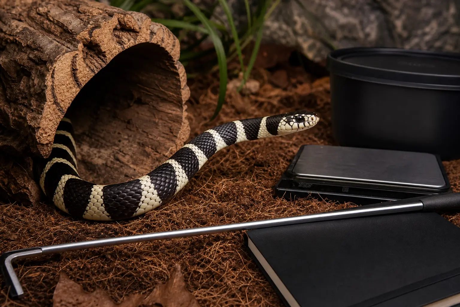 Adult California kingsnake with glossy black-and-cream bands and a clear eye beside a measured meal, a gram scale, clean feeding tools, and a closed care notebook.