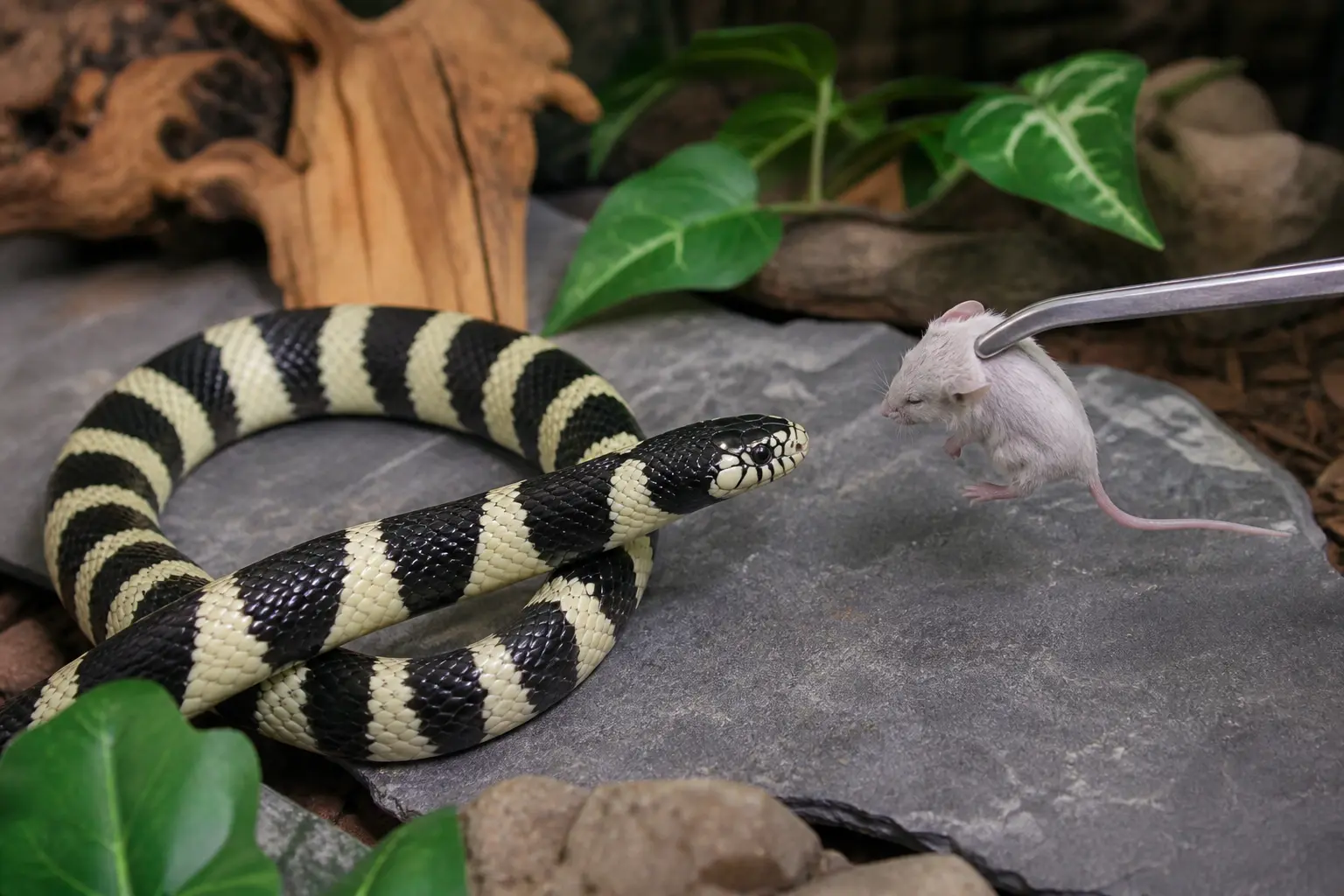 Adult California kingsnake with glossy black-and-cream bands and a clear eye approaching a varied species-appropriate measured meal prepared on a clean feeding surface.