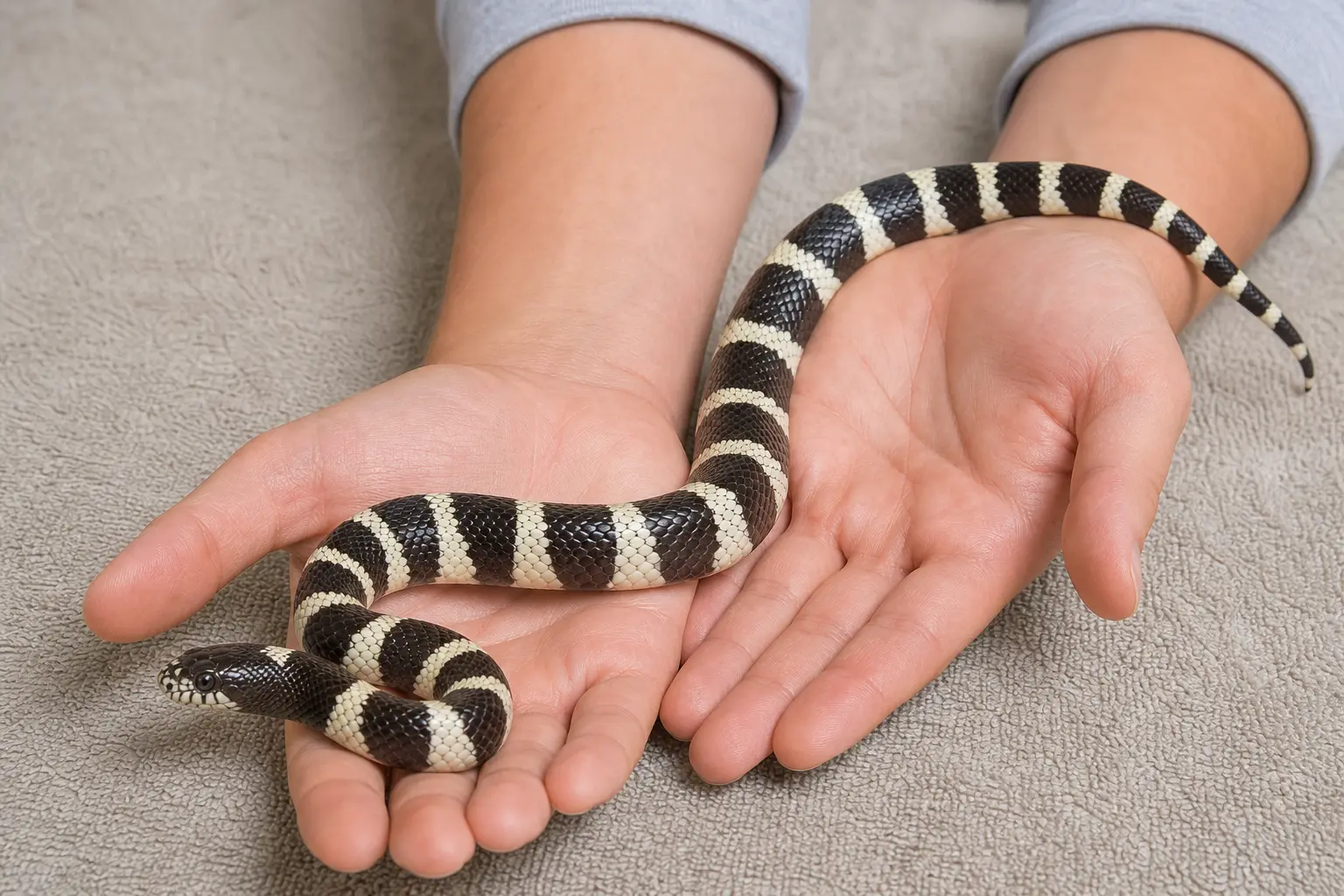 Adult California kingsnake with glossy black-and-cream bands and a clear eye fully supported low over a clean towel during a brief calm handling session.