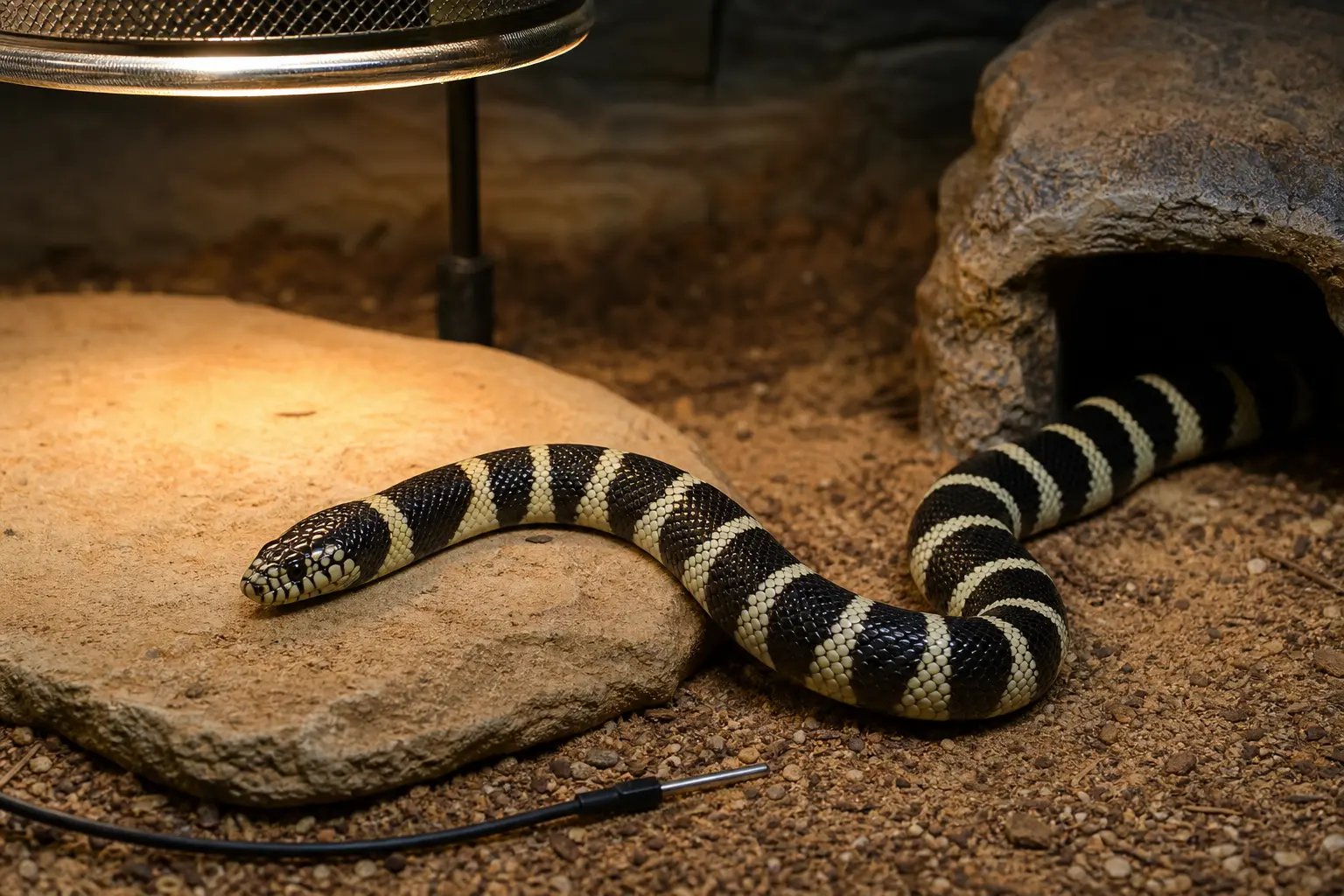 Adult California kingsnake with glossy black-and-cream bands and a clear eye using a measured warm zone beside guarded thermostat-controlled heat and a shaded cool retreat.