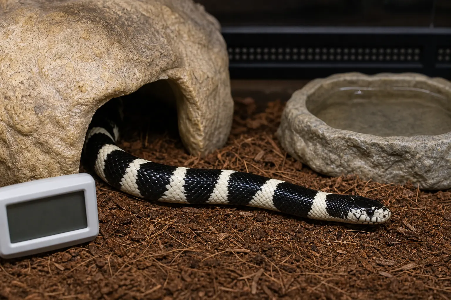 Adult California kingsnake with glossy black-and-cream bands and a clear eye beside species-appropriate moisture, dry footing, clean water, ventilation, and a blank hygrometer.