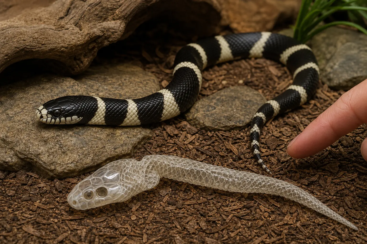 Adult California kingsnake with glossy black-and-cream bands and a clear eye during a calm post-shed visual check without pulling skin or shell material.