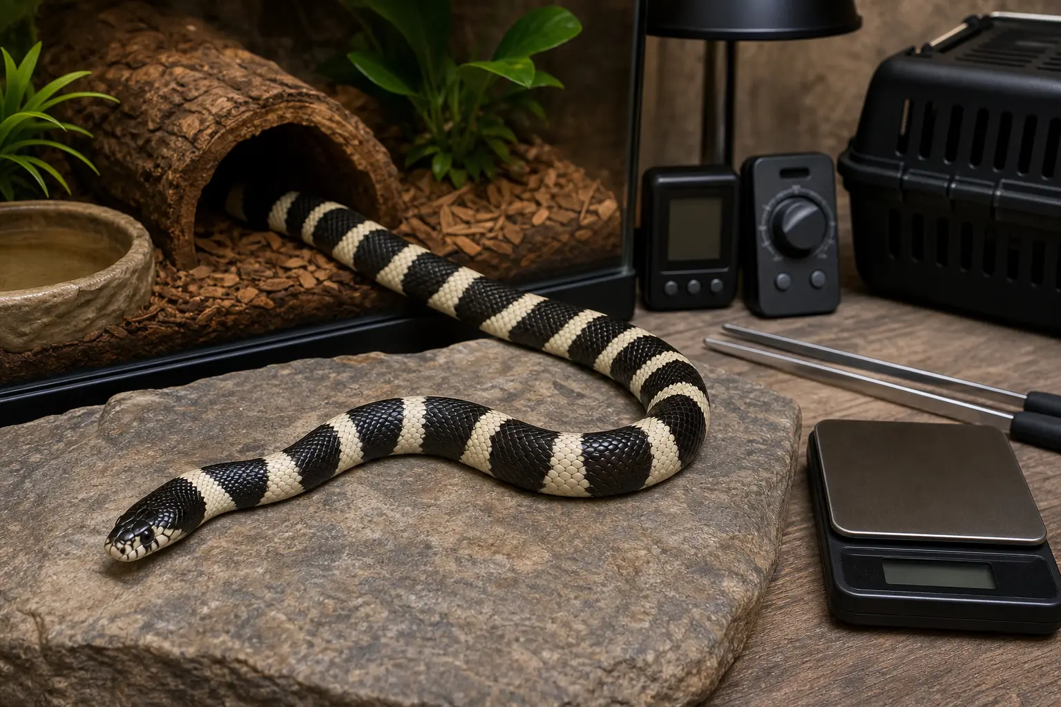 Adult California kingsnake with glossy black-and-cream bands and a clear eye in a finished habitat beside organized climate controls, lighting, care tools, a scale, and a carrier.