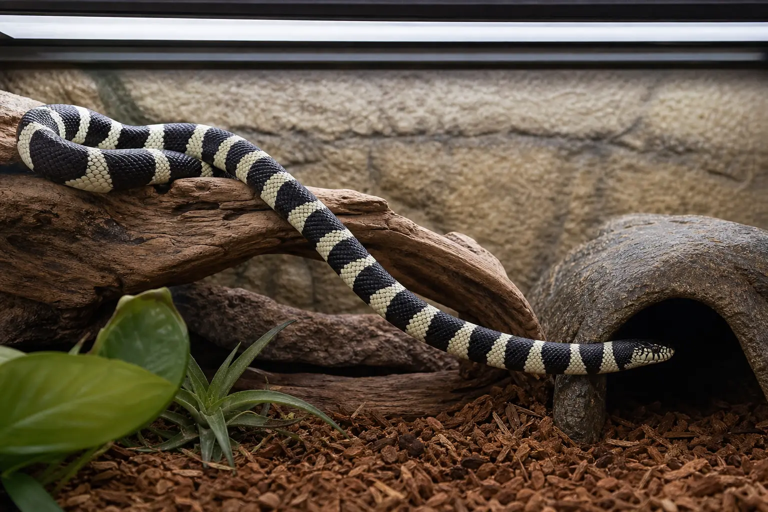 Adult California kingsnake with glossy black-and-cream bands and a clear eye using a measured UVB-and-shade gradient with a clear route into complete cover.