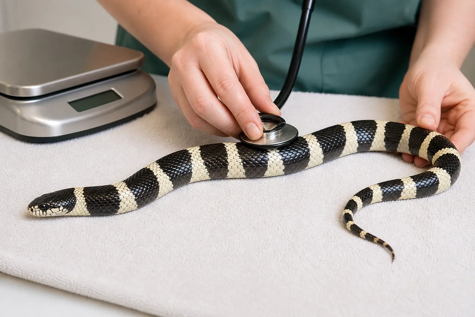 Adult California kingsnake with glossy black-and-cream bands and a clear eye receiving a calm non-invasive wellness examination from a reptile veterinarian on a clean towel.