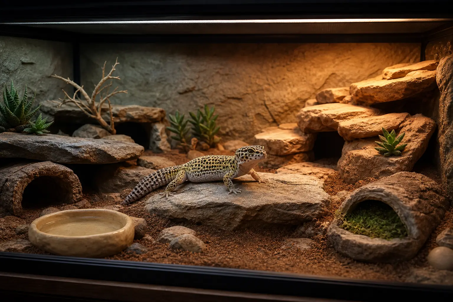 Adult leopard gecko in a wide naturalistic habitat with warm and cool cover, a humid hide, low ledges, and fresh water.