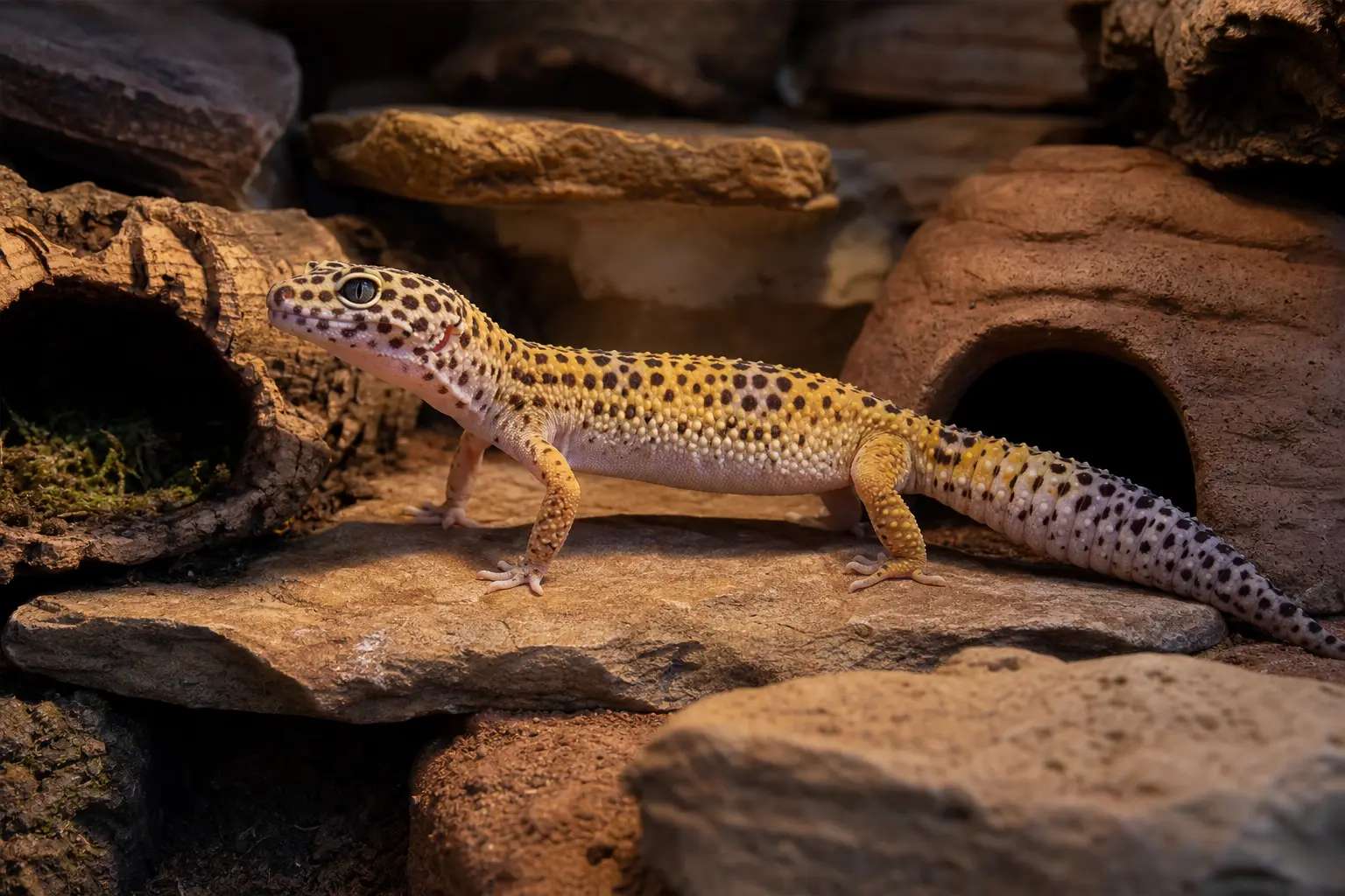 Adult leopard gecko walking across a low stone ledge between several secure hides at dusk.