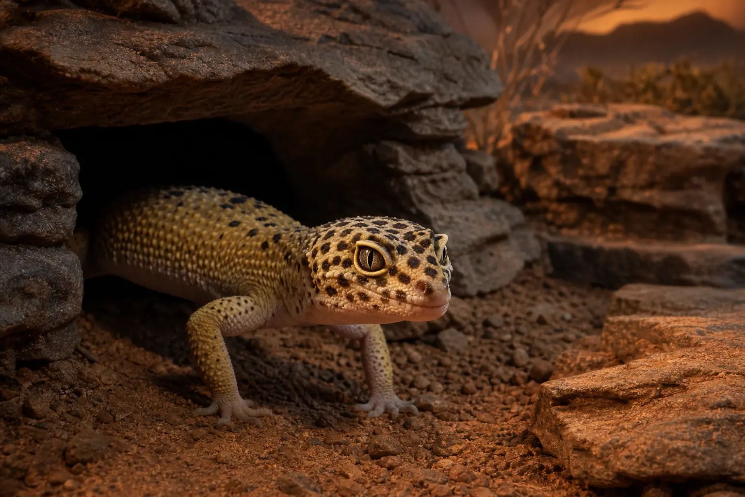 Adult leopard gecko stepping quietly from a rocky hide in warm evening light.