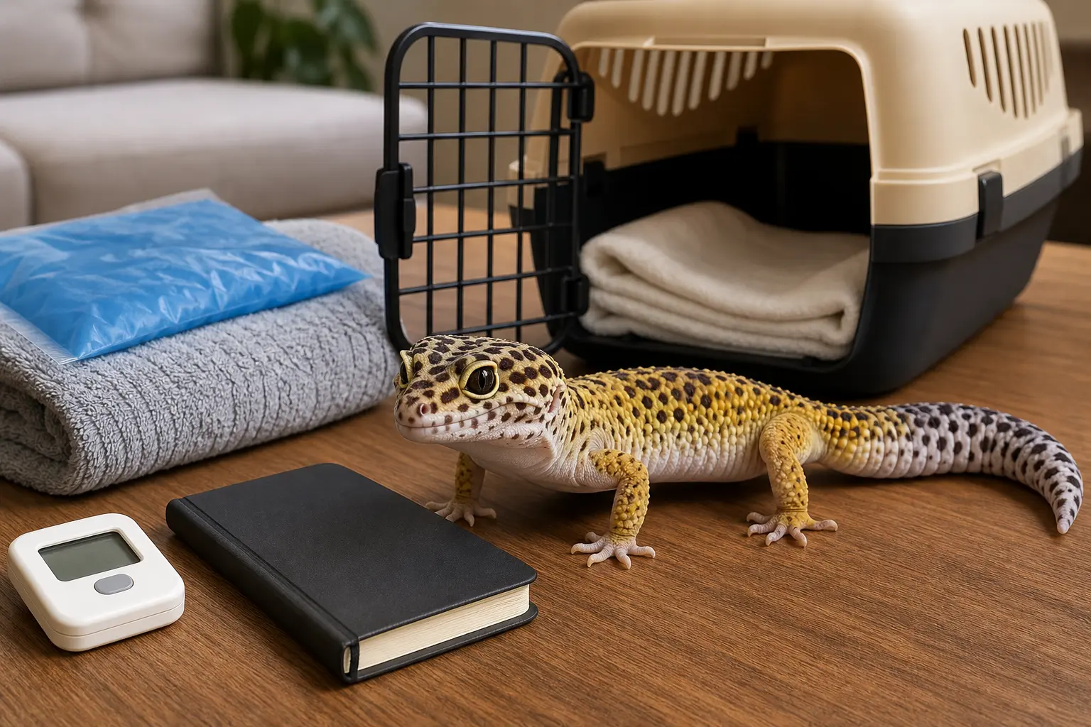 Healthy adult leopard gecko beside a secure ventilated carrier, clean liner, digital thermometer, blank care notebook, and safely buffered temperature pack.