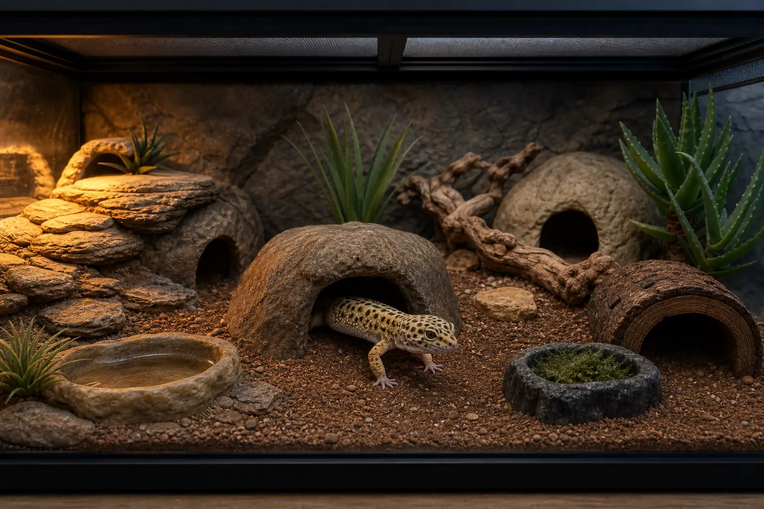Adult leopard gecko in a wide naturalistic enclosure with warm and cool hides, a contained humid retreat, low climbing routes, and water.