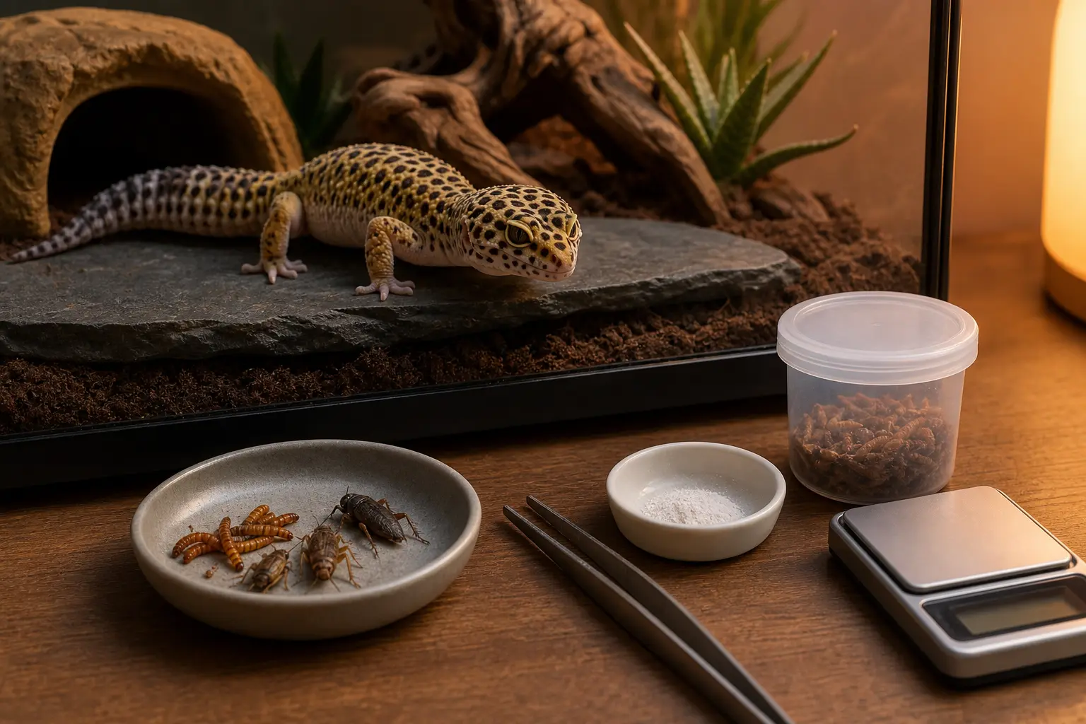 Adult leopard gecko watching a measured evening feeding setup with a small insect portion, tongs, calcium, and a gram scale.