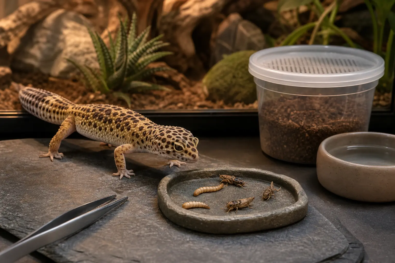 Adult leopard gecko approaching a modest varied meal of appropriately sized captive-bred feeder insects.