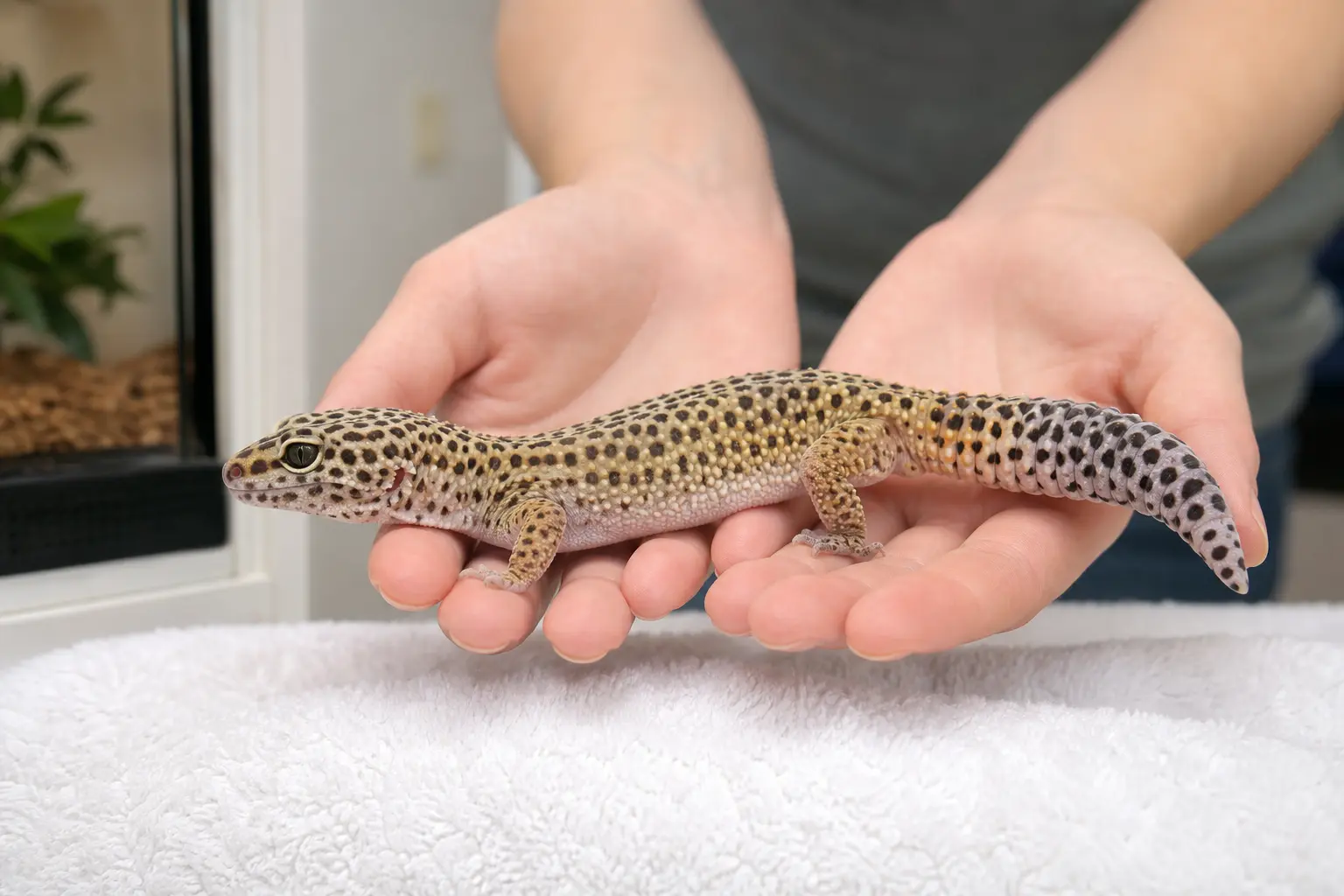 Adult leopard gecko walking calmly across two open hands with its body supported and tail free from pressure.