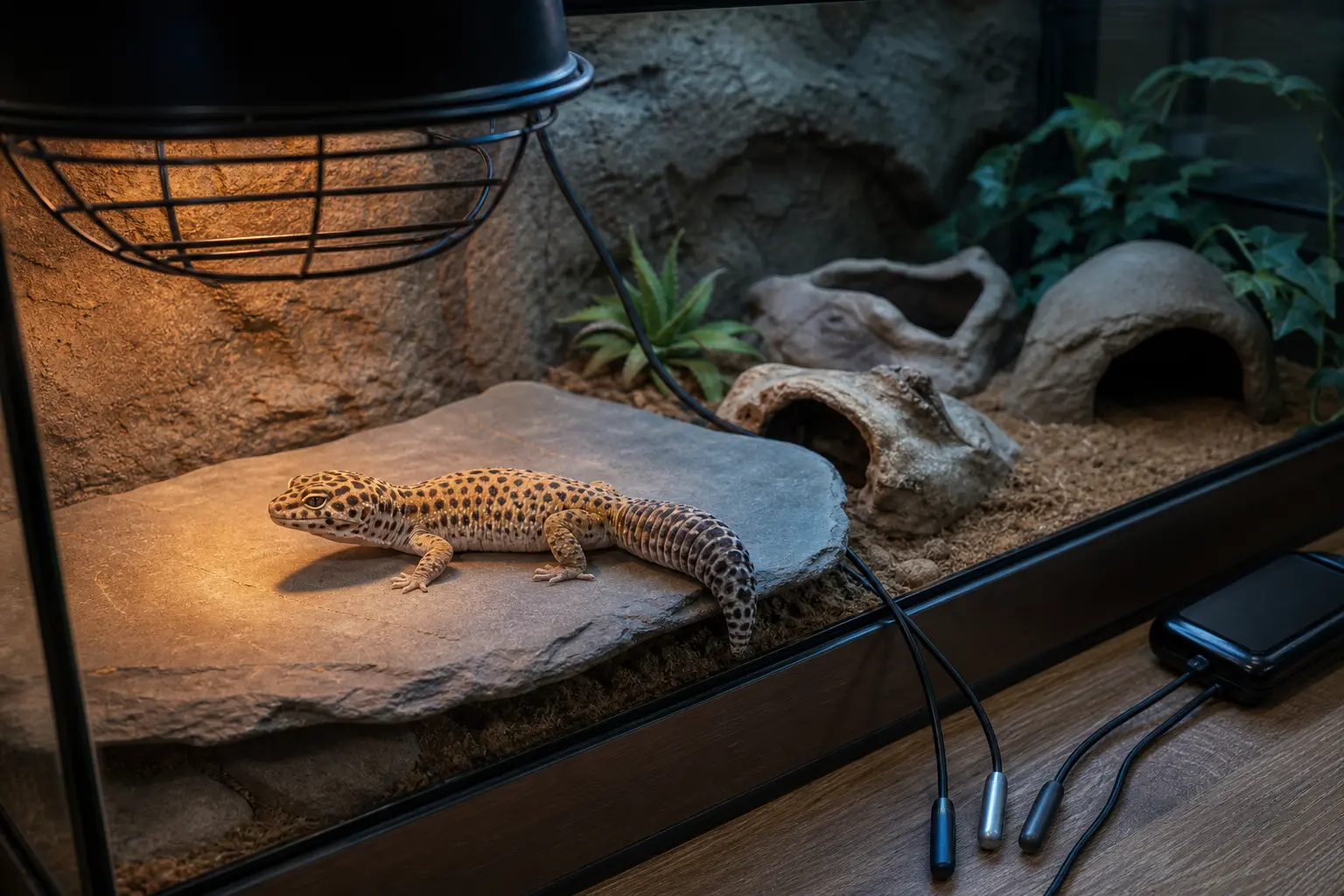 Adult leopard gecko resting on warm slate beneath guarded overhead heat with shaded hides continuing into the cool end.