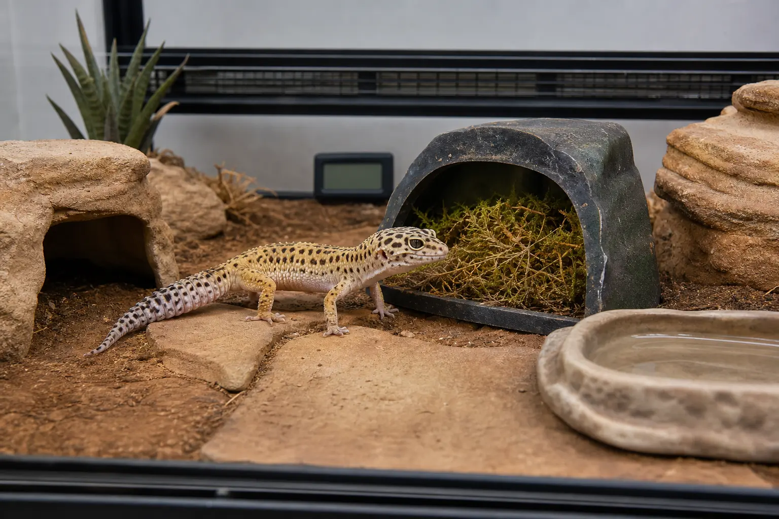 Adult leopard gecko beside a contained moss-lined humid hide in an otherwise dry, ventilated habitat.