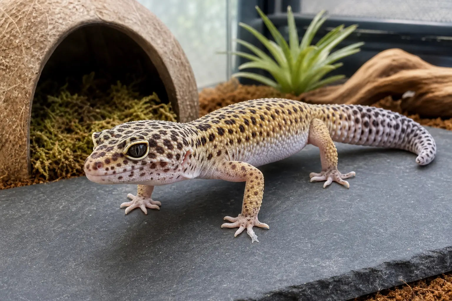Adult leopard gecko with clear eyes and visible toes beside a contained humid hide during a post-shed check.