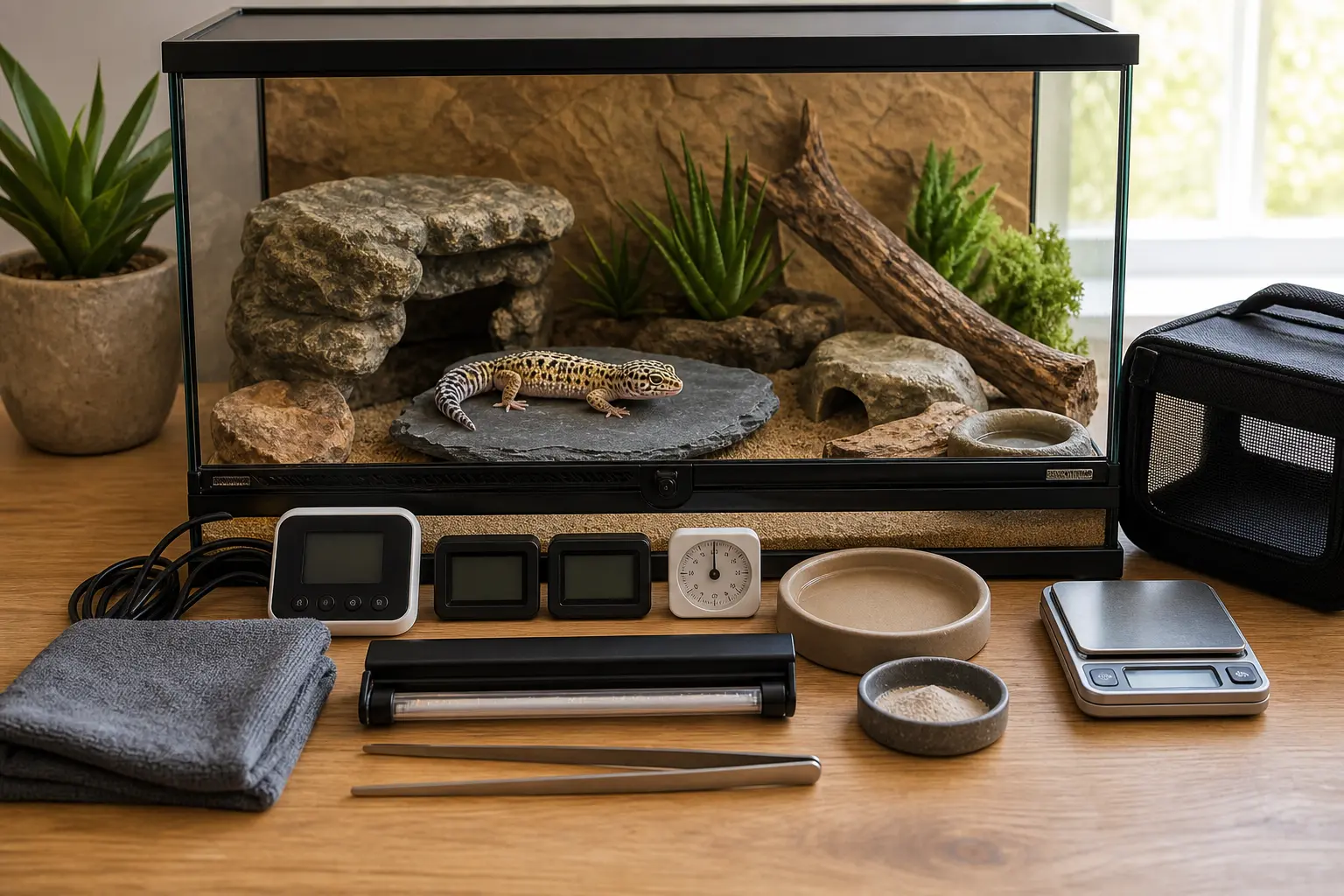 Adult leopard gecko in a finished enclosure beside organized blank-screen climate controls, lighting, feeding tools, a scale, and a carrier.