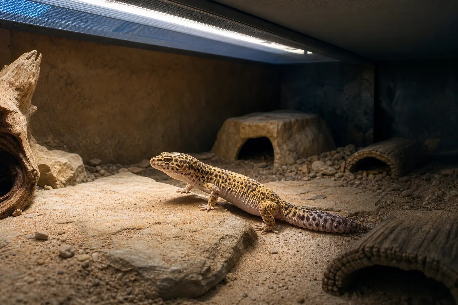 Adult leopard gecko using a gentle light-and-shade gradient beneath a linear low-output UVB fixture.