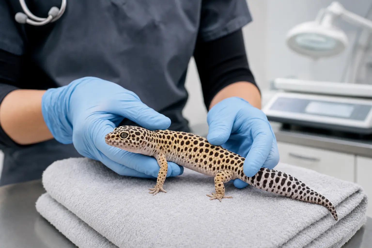 Adult leopard gecko receiving a gentle routine examination from a reptile veterinarian on a folded towel.