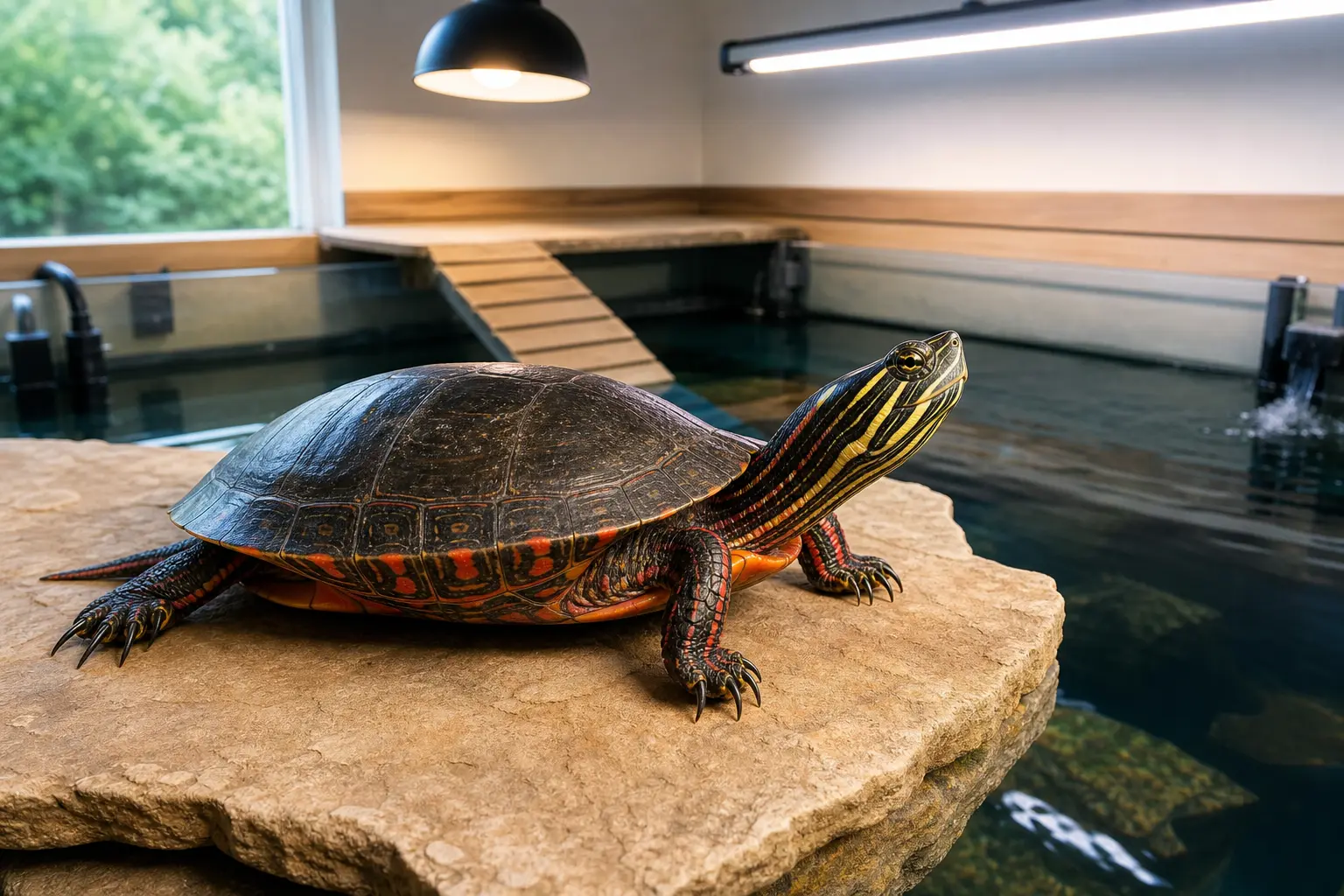 Alert adult painted turtle basking fully dry above clean deep water with its smooth dark shell, red-orange margins and legs, and striped head in view.