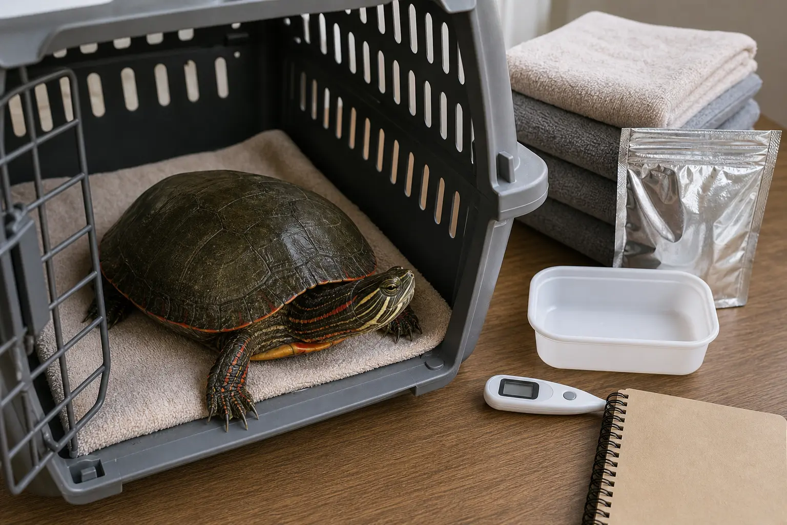 Adult painted turtle with a smooth dark shell, red-orange edges, and striped head beside a secure ventilated carrier, clean liner, digital thermometer, blank care notebook, and safely buffered temperature pack.