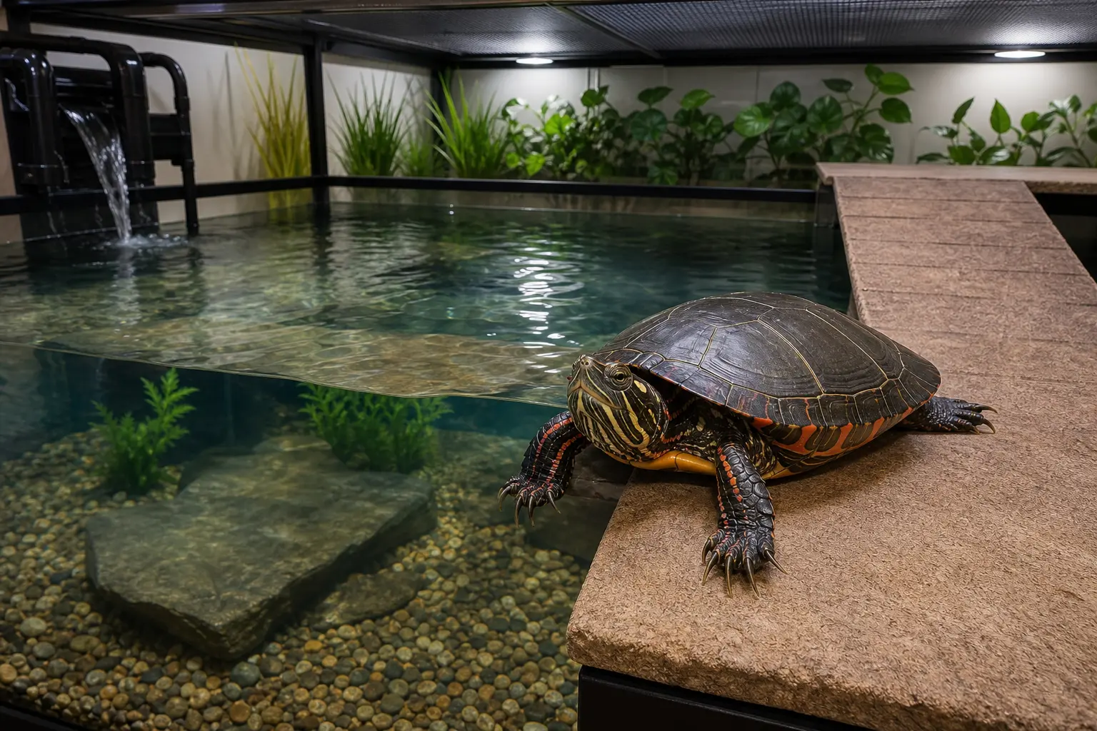 Adult painted turtle with a smooth dark shell, red-orange edges, and striped head inside a secure adult habitat with species-appropriate cover, routes, water, and measured climate choices.