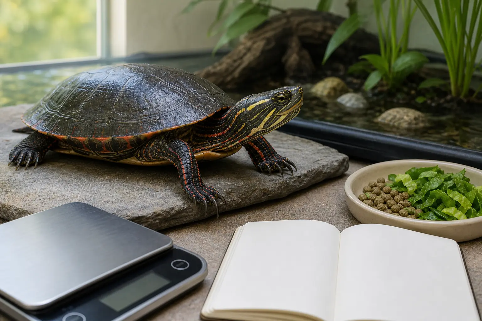 Adult painted turtle with a smooth dark shell, red-orange edges, and striped head beside a measured meal, a gram scale, clean feeding tools, and a closed care notebook.
