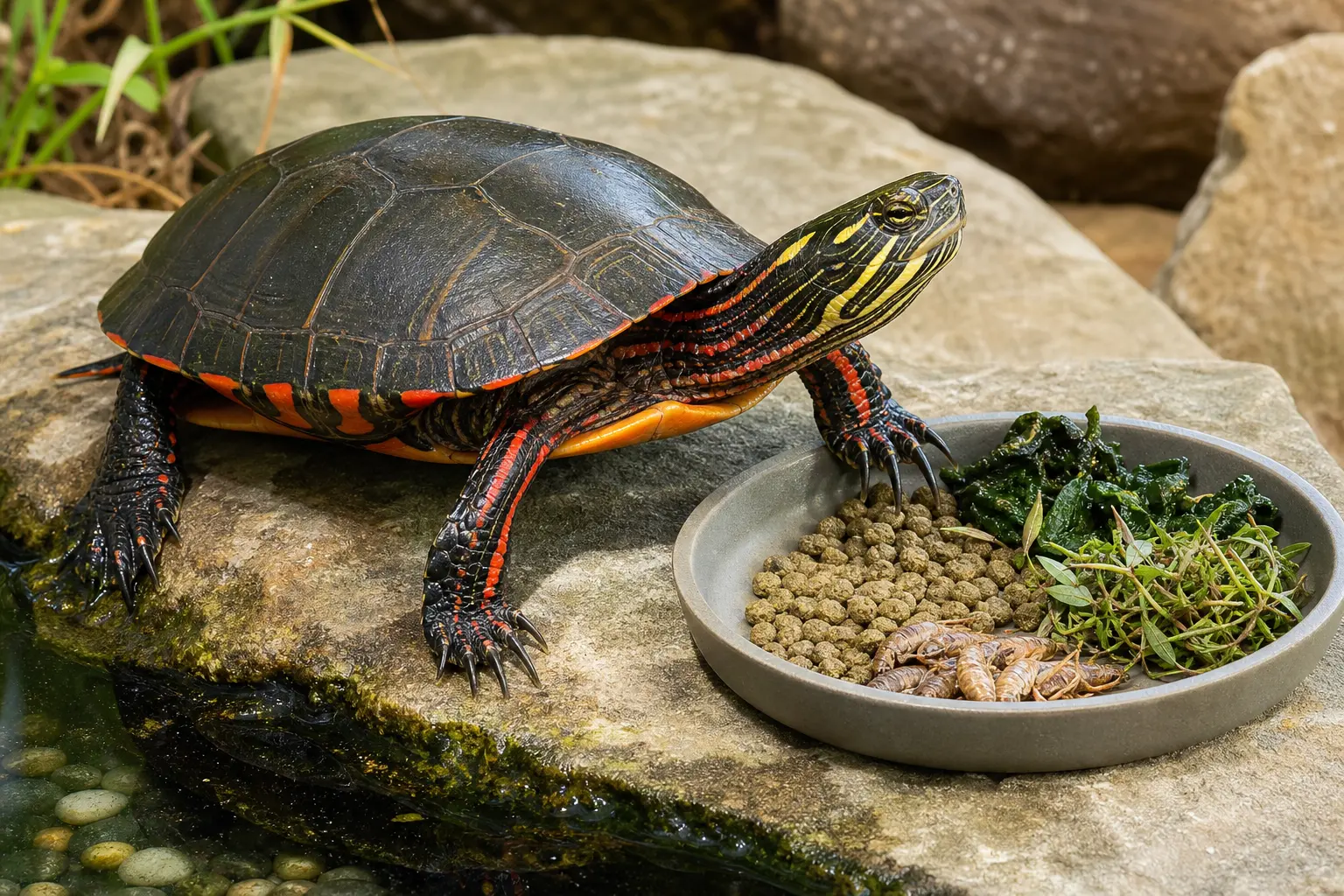 Adult painted turtle with a smooth dark shell, red-orange edges, and striped head approaching a varied species-appropriate measured meal prepared on a clean feeding surface.