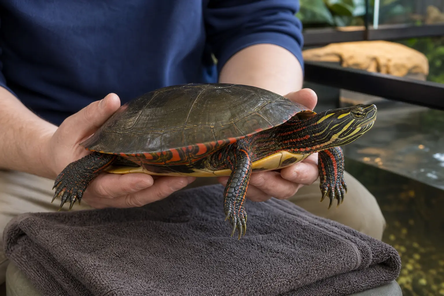 Adult painted turtle with a smooth dark shell, red-orange edges, and striped head fully supported low over a clean towel during a brief calm handling session.